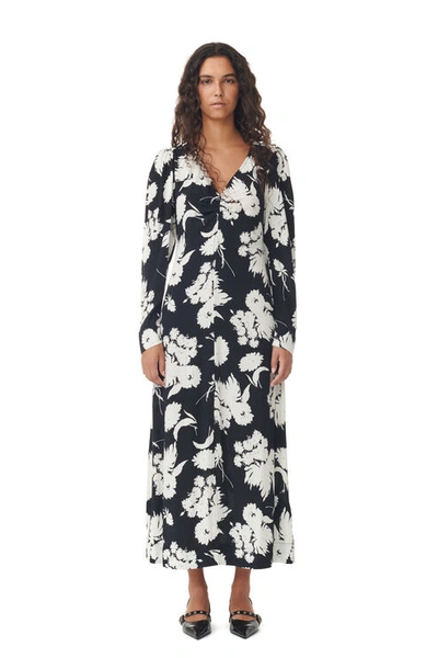 Ganni Printed Crepe V-neck Dress In Black