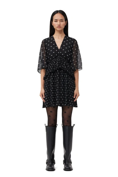 GANNI GANNI BLACK PLEATED GEORGETTE V-NECK FLOUNCE MINI DRESS - SIZE 38