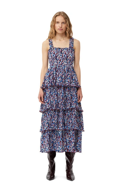 GANNI MULTICOLOUR PLEATED GEORGETTE FLOUNCE SMOCK MIDI DRESS SIZE 10 POLYESTER WOMEN'S