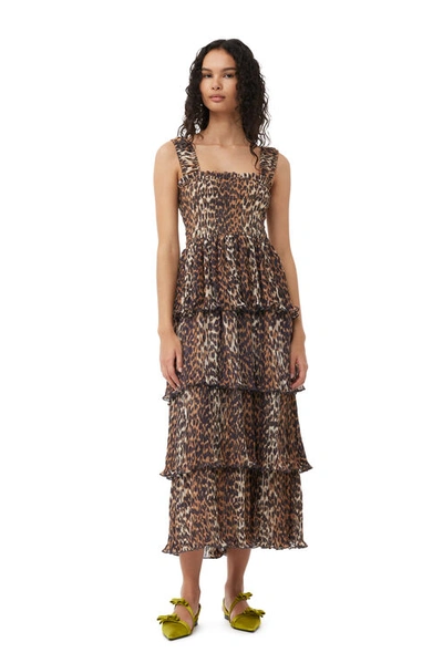 GANNI ALMOND MILK LEOPARD PLEATED GEORGETTE FLOUNCE SMOCK MIDI DRESS SIZE 16 POLYESTER WOMEN'S