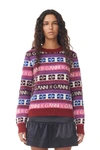 Ganni Pink Logo Wool Mix O-neck Pullover In Multicolor