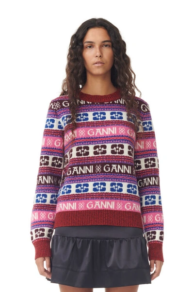 Ganni Pink Logo Wool Mix O-neck Pullover