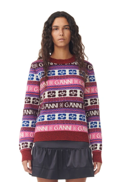 Ganni Pink Logo Wool Mix O-neck Pullover In Multicolor