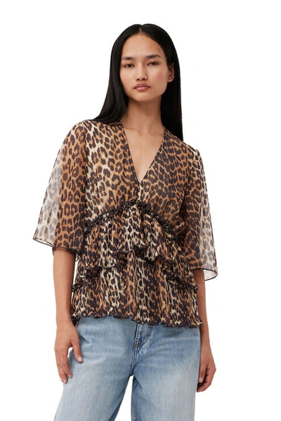 GANNI LEOPARD PLEATED GEORGETTE V-NECK FLOUNCE BLOUSE