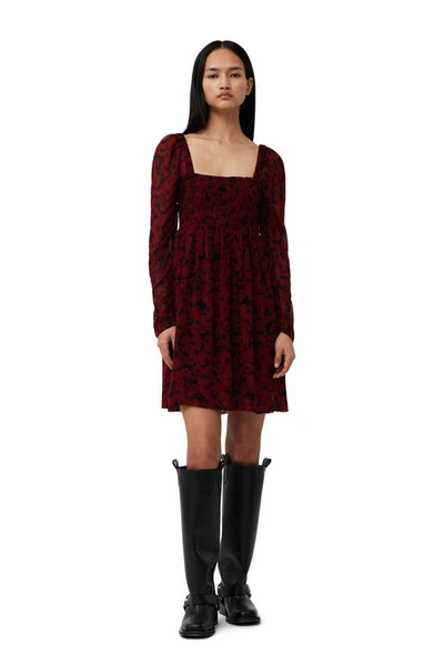 Ganni Red Printed Georgette Mini Dress In Syrah