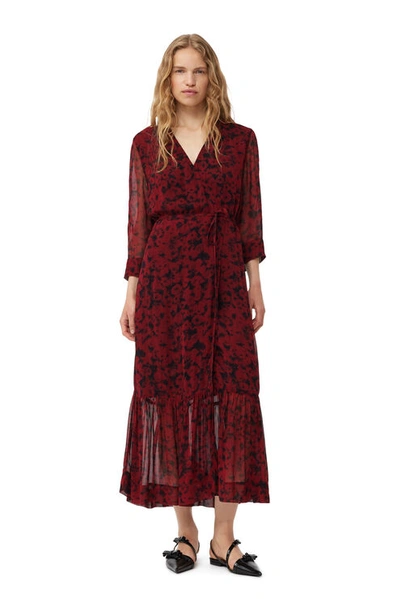 Ganni Red Printed Light Georgette Wrap Midi Dress In Syrah