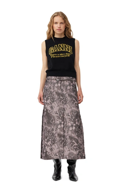Ganni Rippled Jacquard Long Slit Skirt In Black Lotus