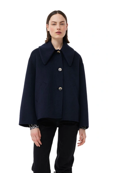 Ganni Wool Wide Collar Jacket In Navy