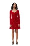 GANNI RED VELVET JERSEY MINI DRESS