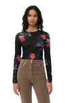 Ganni Printed Mesh Long Sleeve Gathered Blouse In Black