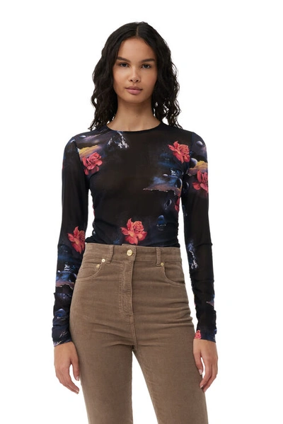 GANNI PRINTED MESH LONG SLEEVE GATHERED BLOUSE