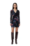Ganni Graphic-print Gathered Minidress In Black