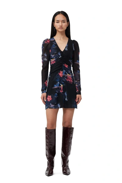 Ganni Graphic-print Gathered Minidress In Black