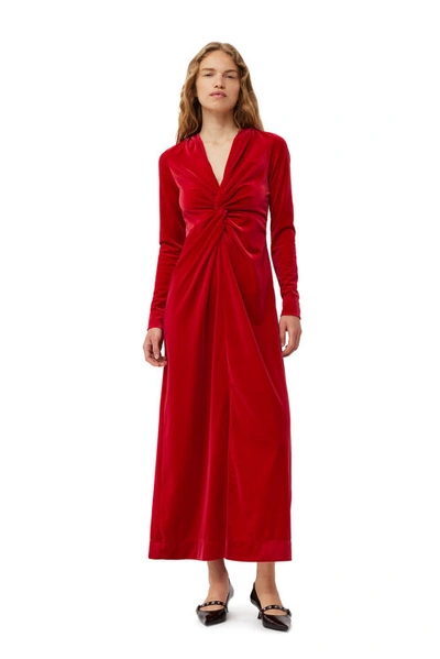 Ganni Red Velvet Jersey Twist Long Dress In Savvy Red