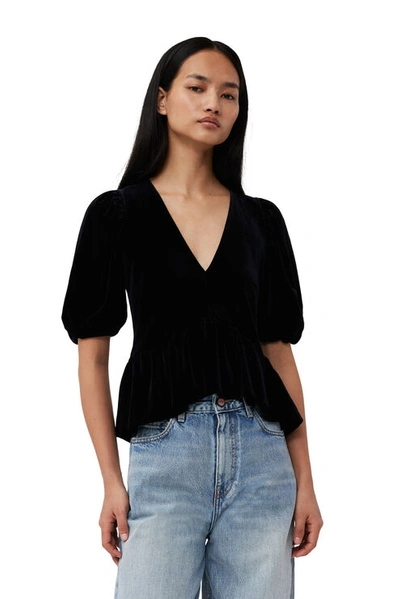 Ganni Black Velvet Jersey V-neck Blouse - Size 32