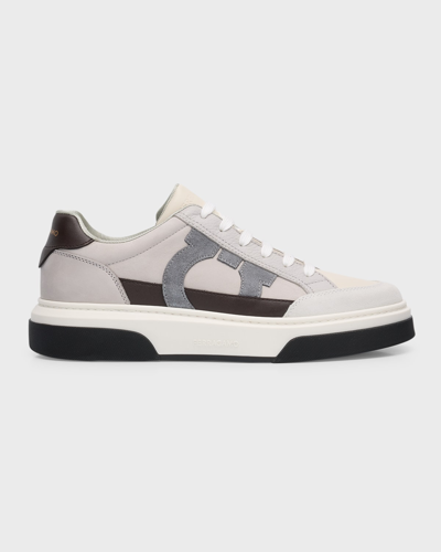Ferragamo Man Low Cut Sneaker With Gancini Outline In White/mascarpone
