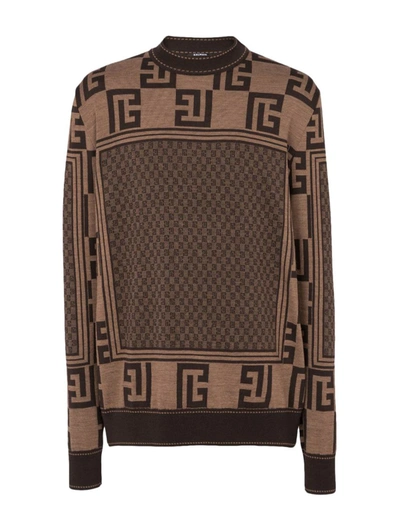 Balmain Mini Monogram Scarf Sweater In Brown