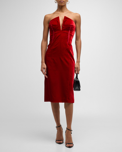 Tom Ford Sculpted Plunging Strapless Velvet Bustier Dress In Red