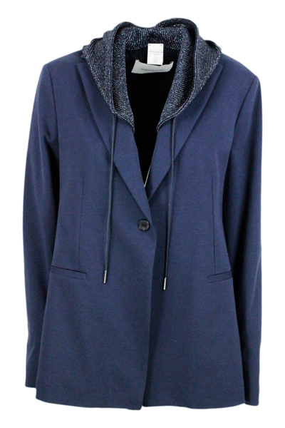 Fabiana Filippi Single-breasted Blazer Jacket In Stretch Cotton Jersey With Long Sleeves And Removable Hood Embellis In Blue