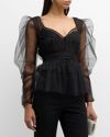 CAROLINA HERRERA PUFF LONG-SLEEVE V-NECK BUTTON-FRONT TULLE TOP