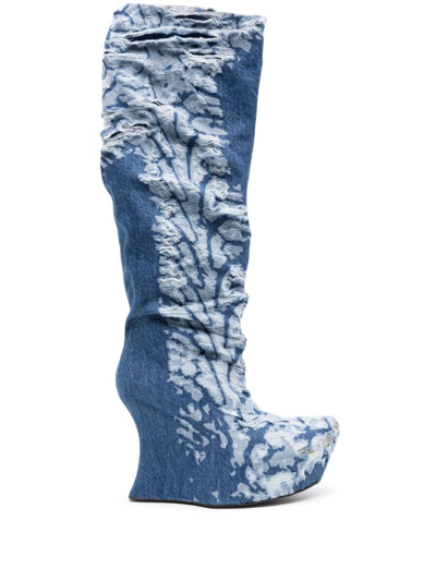 Masha Popova Distressed 120mm Denim Knee-high Boots In Blue