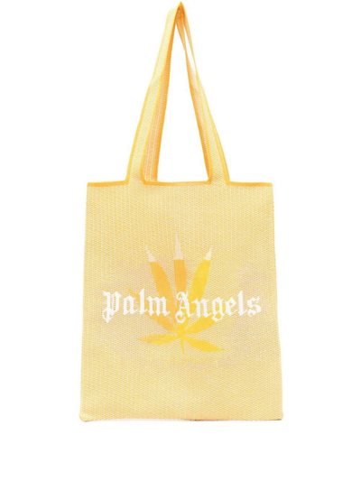 Palm Angels Rafia Logo Shopping Bag In Amarillo