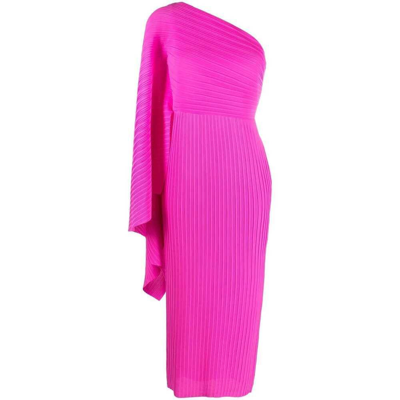 Solace London Pink Ribbed Off-the-shoulder Midi Dress In Hot Pink
