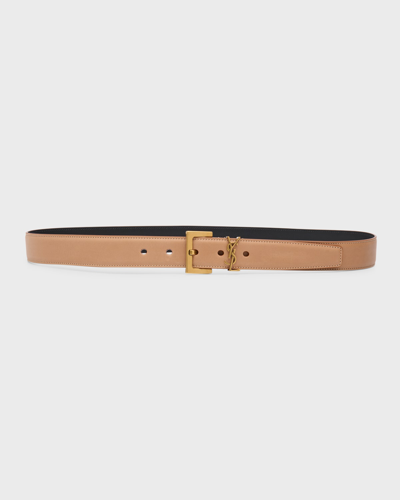 Saint Laurent Monogram Keeper Leather Belt In Vintage Brown Gold