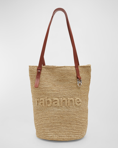 Rabanne Cabas Logo Raffia Shoulder Bag In Shiny Beige