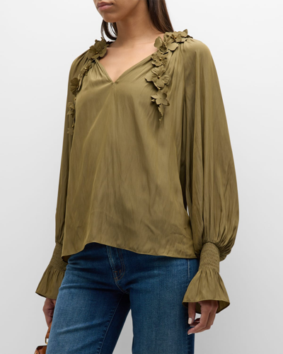 Ramy Brook Emelia Floral Applique Blouse In Dark Olive