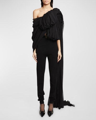 Saint Laurent Draped Bow-front One-shoulder Silk Top In Nero
