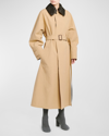 BOTTEGA VENETA WATERPROOF COTTON BELTED TRENCH COAT WITH LEATHER COLLAR