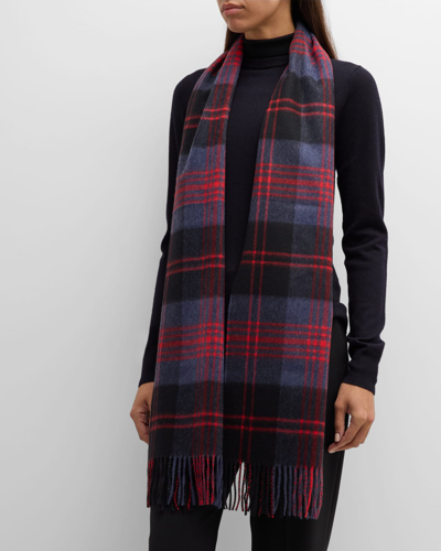 Johnstons Of Elgin Blue Tartan Wide Cashmere Scarf In Angus