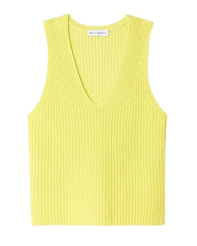 White + Warren Cotton Tape Sleeveless Ribbed V Neck Sweater In Sunbeam In Yellow