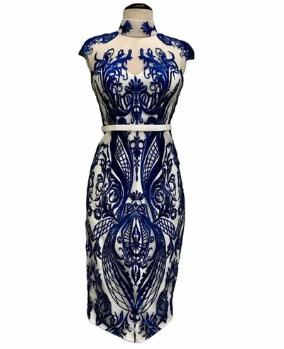 Bariano Structured Embroidery Gown In Blue/white