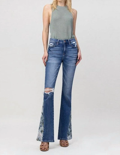 Vervet By Flying Monkey Stretchy Flare Jeans With Brocade Side Panels In Blue