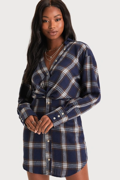 Lulus Casually Adored Navy Blue And White Plaid Long Sleeve Mini Dress