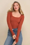 FREE PEOPLE HAVE IT ALL RUST BROWN TEXTURED LONG SLEEVE TOP