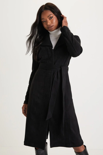 Lulus Elevated Season Black Vegan Suede Collared Trench Coat