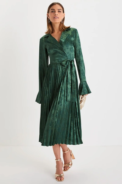 Lulus Stunning Ease Emerald Floral Jacquard Satin Wrap Midi Dress In Green