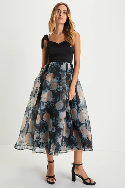 Lulus Debut Darling Black Floral Satin Organza Tie-strap Midi Dress