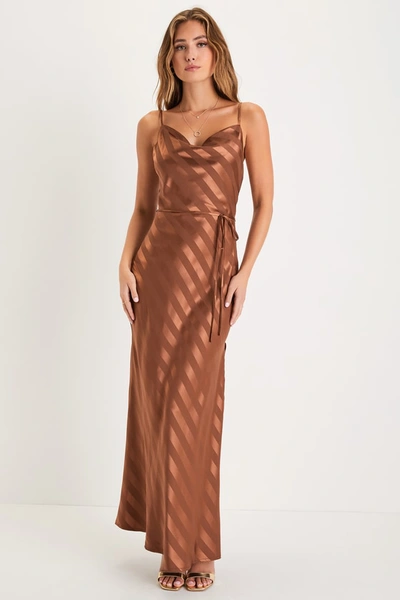 Lulus Sleek Sophisticate Bronze Satin Striped Backless Cowl Maxi Dress In Brown