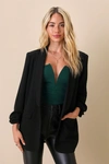 Lulus Superior Aesthetic Black Three-quarter Sleeve Ruched Blazer In Black