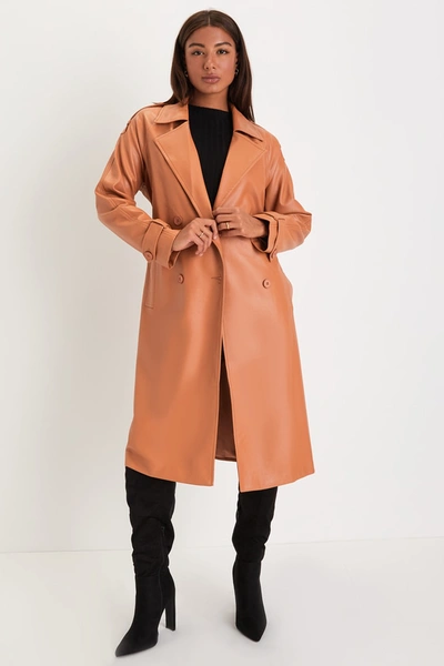 Lulus Sleek Warmth Tan Vegan Leather Double-breasted Trench Coat