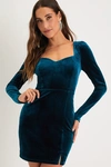 Lulus Fabulous Mood Dark Teal Velvet Long Sleeve Bodycon Mini Dress In Teal