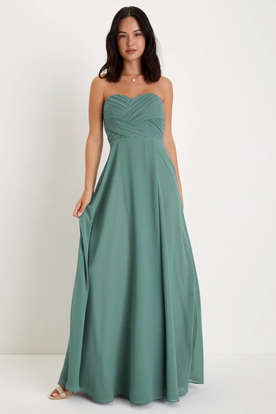 Lulus Romantic Presence Sage Green Pleated Strapless Maxi Dress