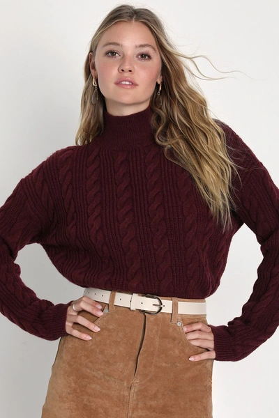 Lulus Autumn Comfort Burgundy Cable Knit Mock Neck Sweater