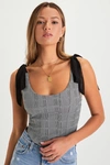 Lulus Chic Temptation Black And Ivory Plaid Tie-strap Crop Top In Black And Ivory
