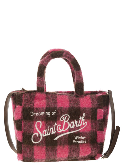 Mc2 Saint Barth Wooly Colette Handbag With Fringes And Check Pattern In Fuxia/brown