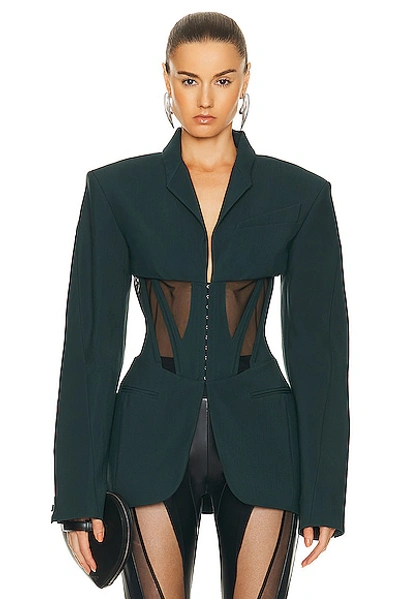 Mugler 紧身胸衣式拼接西装夹克 In Dark Green & Dark Green